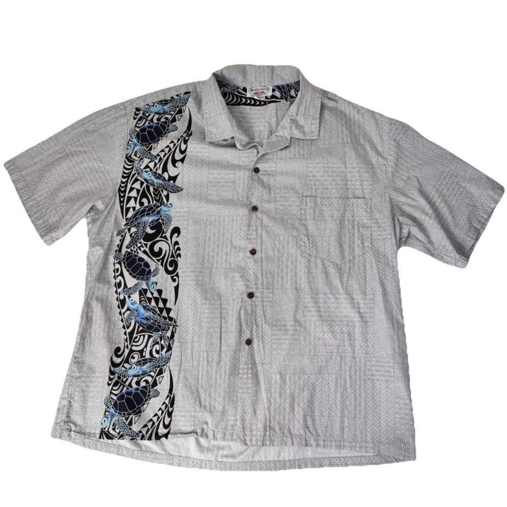 Pacific Legend Hawaiian Shirt Men 3X Gray‎ Sea Turtle Tribal Print Cotton Aloha